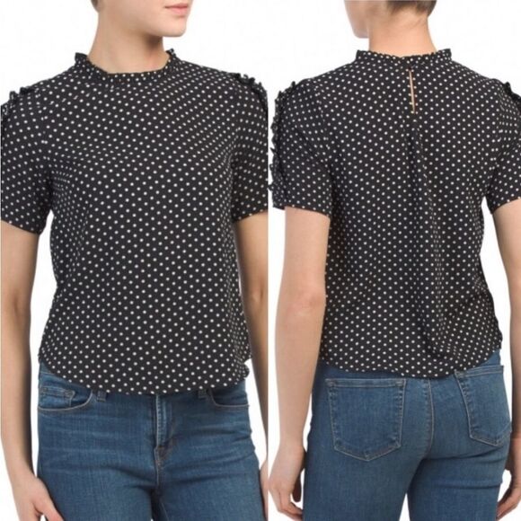 🔥NWT Monteau Black Polka Dot Ruffled Short Sleeve Top Small - Picture 1 of 11